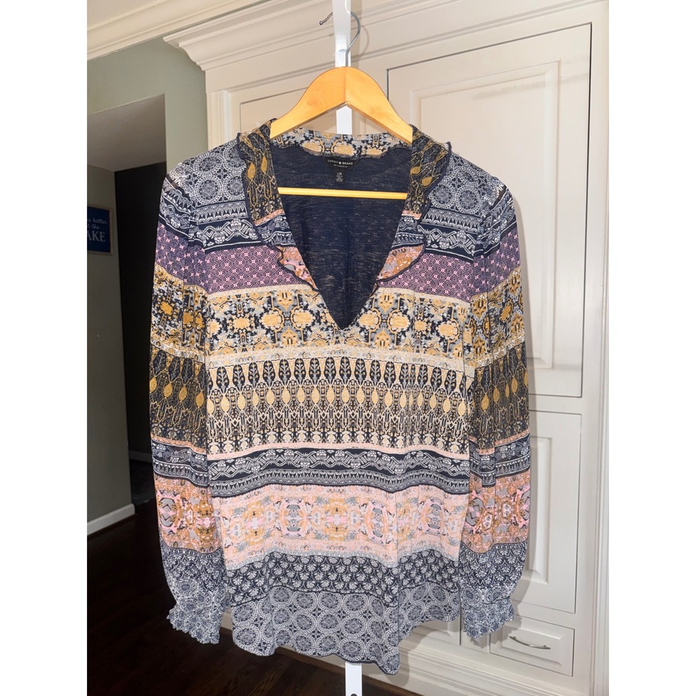 Lucky Brand‎ Womens Blue Pink Mixed Boho Print V-Neck Long Sleeve Blouse Large